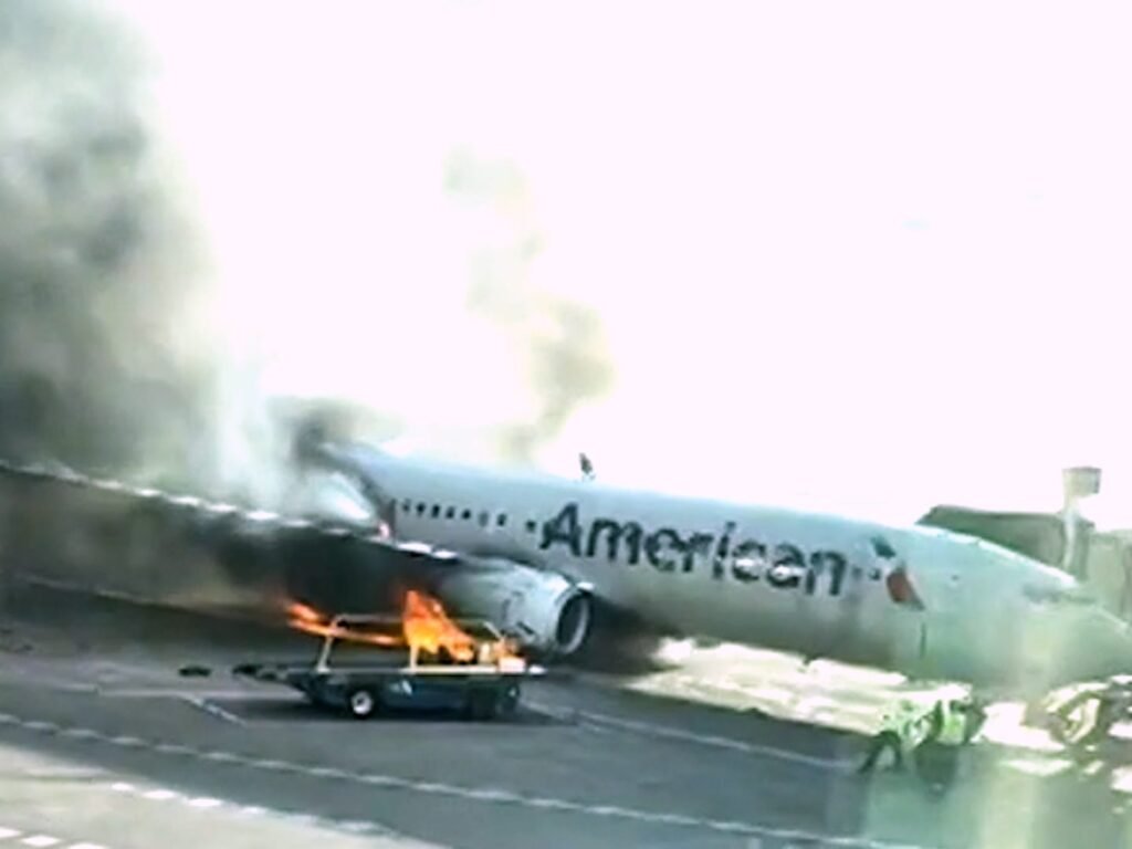 American Airlines flight catches fire at Denver airport