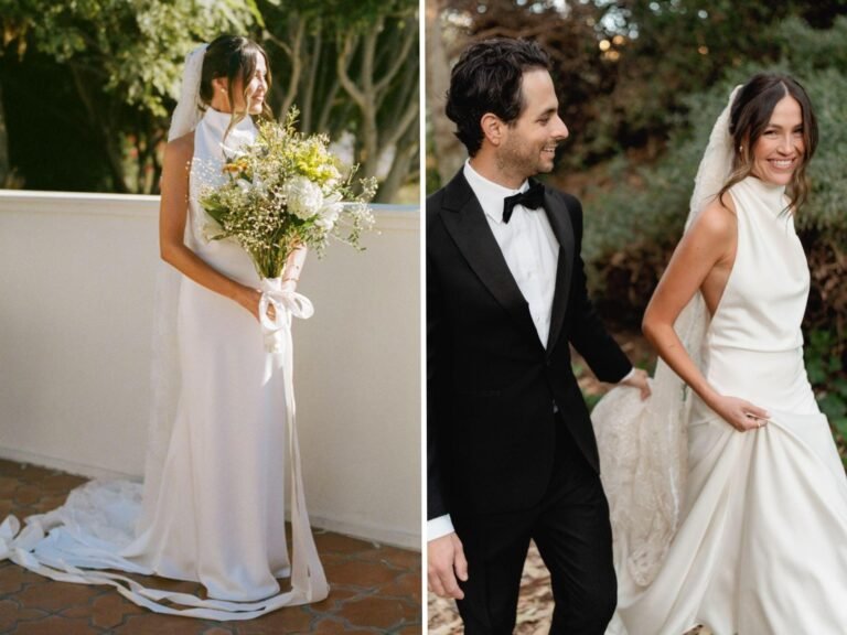 A bride chose the first wedding dress she tried on and paired it with a veil made by her grandmother