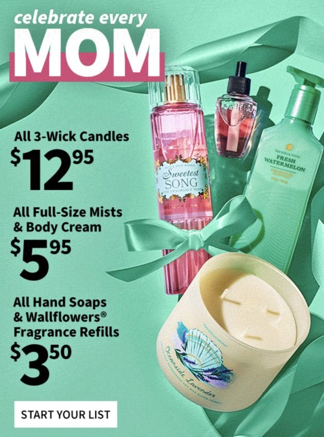Bath & Body Works: $5.95 Full Size Mists & Body Creams, $12.95 All 3-Wick Candles, and more!