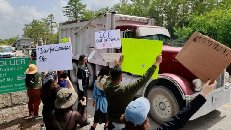 Protesters in Florida demonstrate against proposed ‘Alligator Alcatraz’