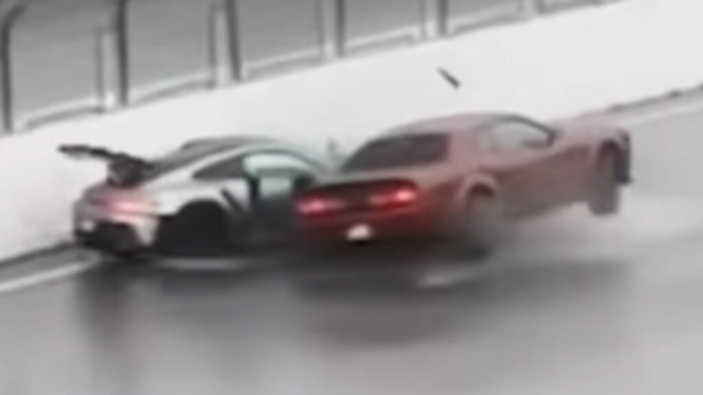 A Massive Muscle Car Just Squished A Porsche At A Wet Track Day