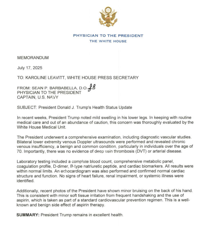 Read the White House Physician's Letter