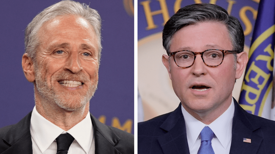 Jon Stewart roasts Mike Johnson for not following Trump news