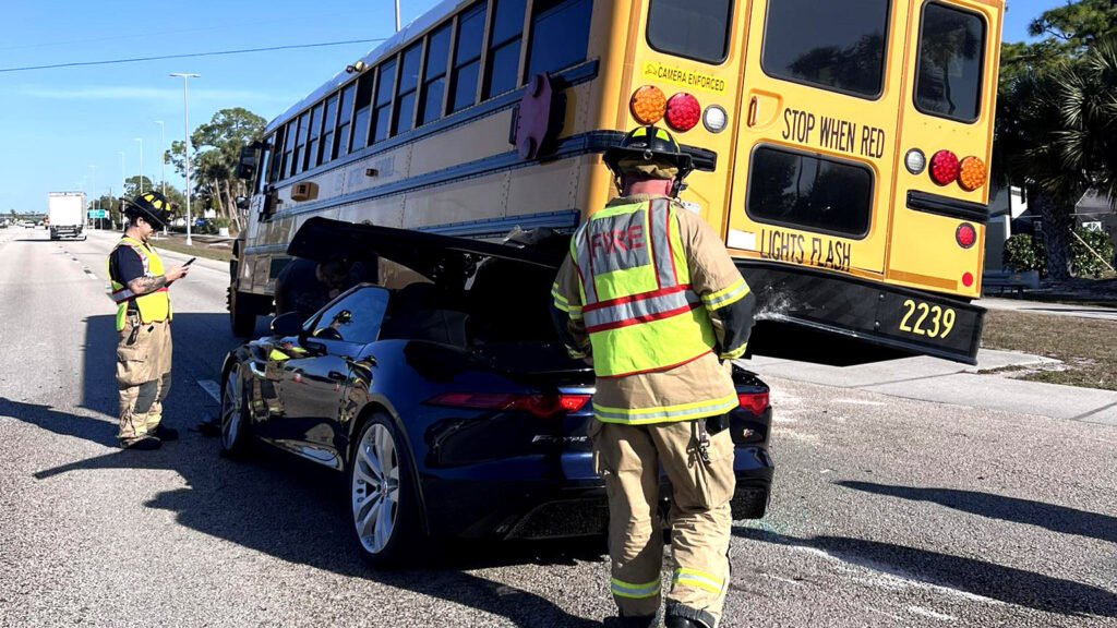 Sports Car Swallowed Under A Florida School Bus In Wild Crash Caught On Camera