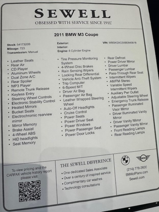 A 2011 BMW M3 Just Showed Up at a Texas Dealership With 723 Miles on the Clock