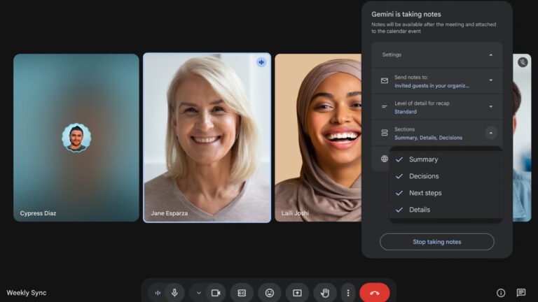 Google Meet now lets you choose what’s included in your meeting notes