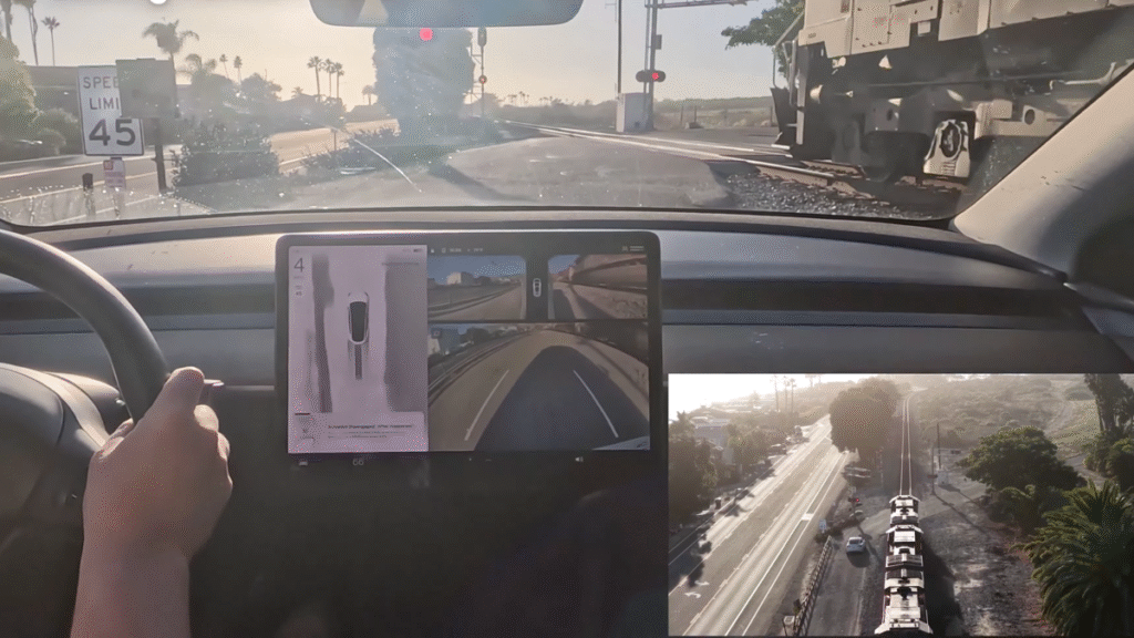 Tesla on FSD Accelerates Toward Train Crossing—Driver Floors It to Escape
