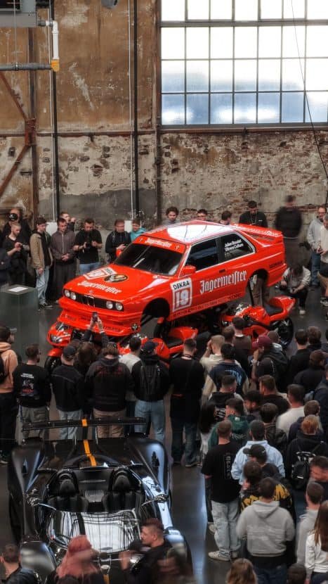 Someone stripped a Jägermeister E30 M3 and sat it on four Suzuki GSX-R bikes