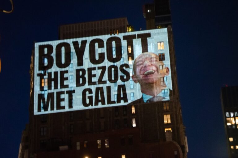 Met Gala Boycott Message Projected on Bezos’s Manhattan Penthouse