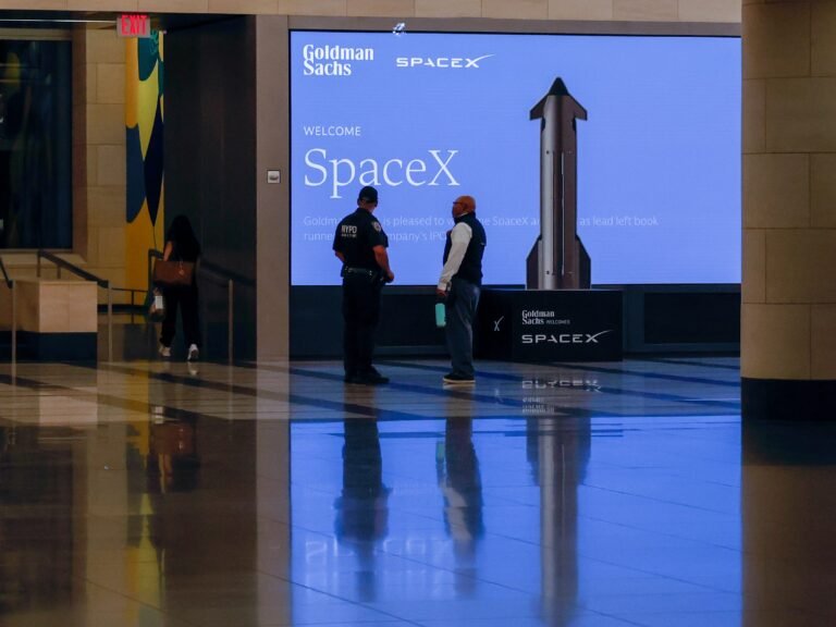 Photos show the lobbies of Goldman Sachs and Morgan Stanley decked out in SpaceX gear ahead of IPO