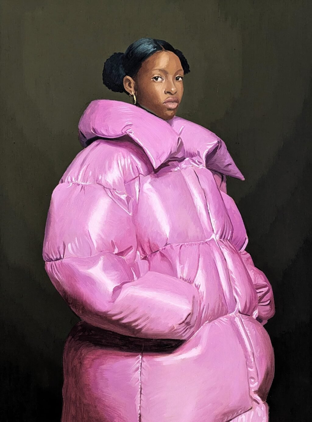 Women Sport Puffer Coats in Bold Baroque Portraits by Nieves González