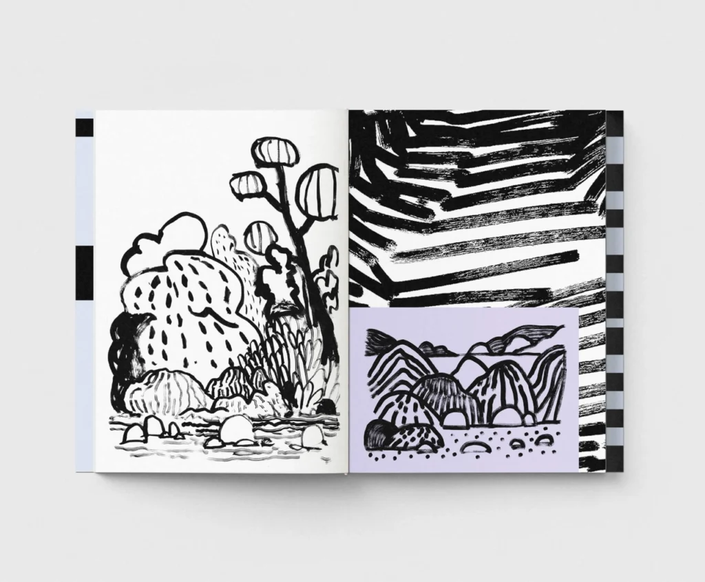 André Britz draws dimly remembered landscapes, in a book held together with a pink elastic band